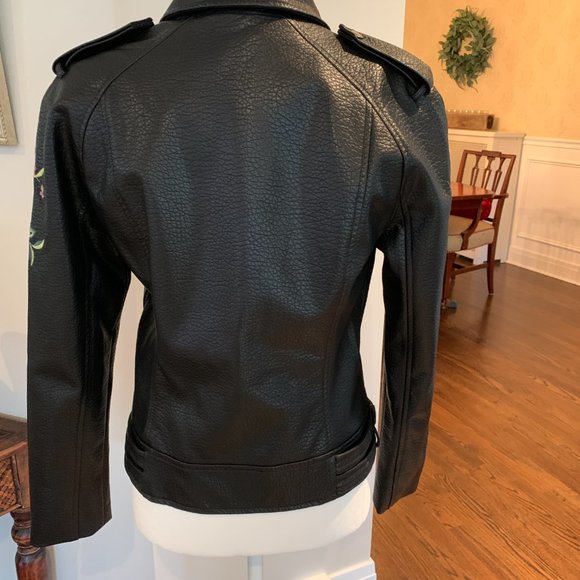 BB Dakota Black Floral Embroidered Moto Faux Leather Jacket - Picture 7 of 13